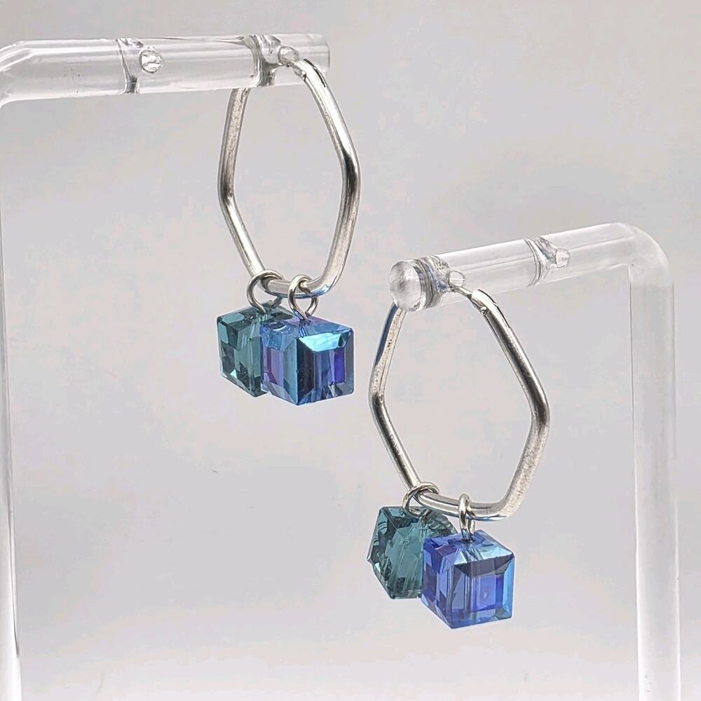 Sterling Silver Geometric Hoop Earrings Green and Blue Glass Crystal Faceted
